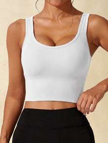 Women's Ribbed Knit U-Neck Cropped Sports Bra, Ribbed Square Neck Sports Tank Top, Built-In Removable Padding, Slim Fit Fitness Pilates Training Workout Bra - White - View 4