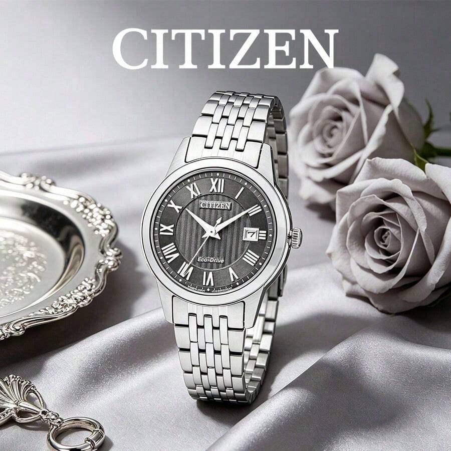 CITIZEN Women's -Drive Watch Polished Silver Stainless Steel Link Bracelet Textured Dark Grey Dial Date Window Timeless Business Daily Minimal Ladies Watch - Black - View 1