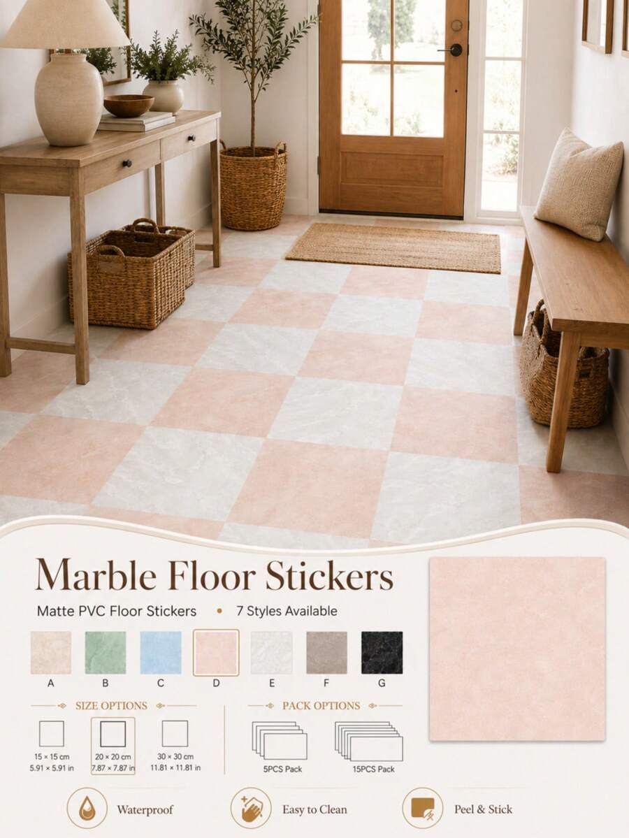 SUPSTICKER Marble Pattern Floor Tile Stickers, Matte PVC, Peel And Stick, 5 Or 15pcs, 15/20/30cm, For Kitchen, Bathroom And Entryway - Marble Pattern - View 1