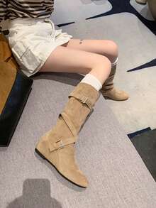 Women's Mid-Calf Boots Vintage Ruched Stacked Boots 2026 New Style Hidden Heel Cross Strap High-Top Boots Round Toe Versatile Western Cowboy - Camel - View 3