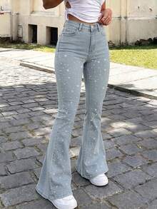 Celana Jeans Wanita Model Flare Pinggang Tinggi, Dihiasi Rhinestones, Kain Tenun Elastis Sedang, Desain Celana Panjang, Dengan Resleting dan Saku, Pilihan Sempurna untuk Musim Gugur - Light Wash - View 10