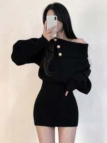 Gaun Rajut Bodycon Seksi Minimalis Gaya Korea dengan Bahu Terbuka dan Potongan Pinggang yang Mengencangkan - Hitam - View 1