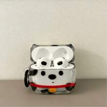 Cute Spotted Puppy Bluetooth Earphone Protective Case, With Black Round Ring Hook, Transparent Shell Body Printed With Black And White Spotted Puppy, Round Black Eyes, Red Collar With Yellow Bell, Soft And Healing. Wavy Asymmetrical Shell Body, Made Of Transparent Soft Material, Fits Bluetooth Earphone Body Tightly, Precise Charging Port Opening, Smooth Earphone Opening And Closing, Easy To Install And Remove. High-Definition Color Printing Process - Clear - View 5