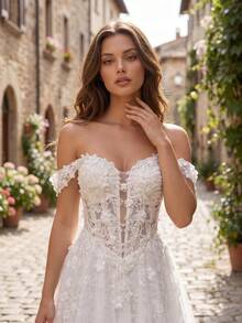 Elegant Ivory Bridal Gown, Deep V-Neck Design, Decorated With Exquisite Applique, Long Tulle White Wedding Dress - Beige - View 6