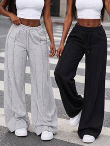 Celana Sweatpants Wanita dengan Jahitan Vertikal, Kaki Lebar, Pinggang Elastis, Tali Serut, Longgar, Kaki Lurus, Celana Rajut Kasual - Grey - View 1