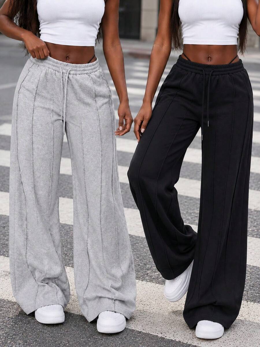 Celana Sweatpants Wanita dengan Jahitan Vertikal, Kaki Lebar, Pinggang Elastis, Tali Serut, Longgar, Kaki Lurus, Celana Rajut Kasual - Grey - View 1
