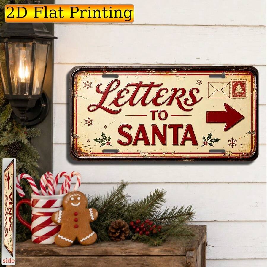 Letter To Santa Christmas Sign, Vintage Plaque, Decorative Wall Decor And Ornament, 2D Flat, Envelope Arrow Mailing Sign, Cream Red Seasonal Message Wall Decoration, Suitable For Home And Classroom Children's Letter-Writing Corner (Random Style) - A - View 1