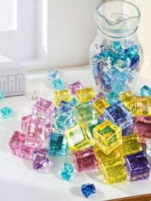 100pcs Mixed Blue Acrylic Ice Cubes, Faux Crushed Ice, Crystal Rhinestone Decorative Plastic Ice Cube Gem Fillers For Vase, Suitable For Home Decor, Wedding Crafts Display, Birthday Graduation Occasions, Best Gift Choice - Multicolor - View 2