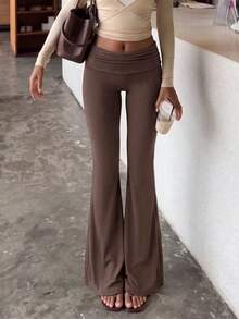 Pantalones de yoga GLAMSKIN para mujer con cintura plegada y pierna acampanada para otoño, leggings ajustados de alta elasticidad con corte bootcut, estilo deportivo Y2K para fitness y uso casual largo - Marrón - Ver 9