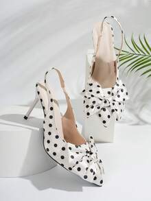 Black Fine High Heel Open-Toe Sandals For Women With Polka Dot Bow Decor, Fashionable Sweet Everyday Versatile Pointed Toe Back Straps Design - White - View 8