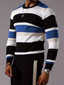 GRDR Men's Multi-Color Horizontal Ribbed Vertical Ribbed Knit Sweater, Autumn/Winter Retro Textured Contrast Color Crew Neck Casual Pullover - Blue - View 2