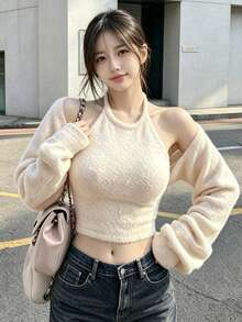 Women's Comfortable Short Knit Set, With Strapless Tank Top, Fluffy Mid-Stretch Knit, Suitable For Autumn, Pure Desire Style Popular Hot Item, Knit Two Pieces Set, Autumn, Korean Y2K, Cream Apricot Solid Color, Short, Strapless Tank Top + Cold Shoulder Short, Fluffy Textured Knit Slim Fit - Apricot - View 4