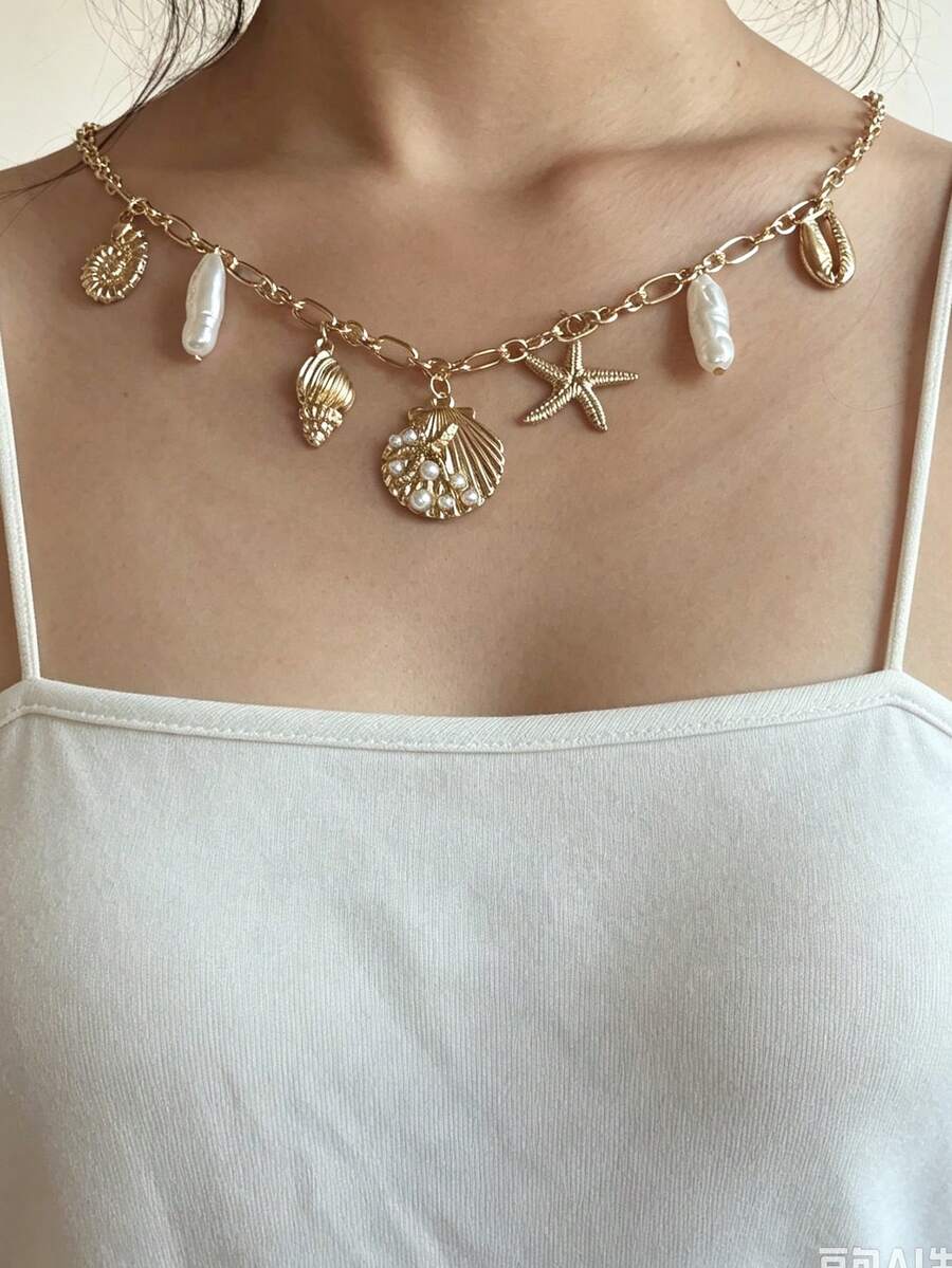 1pc Summer Beach Vacation Style Shell Starfish Faux Pearl Necklace, Niche High-End Multi-Layer Stacked Collarbone Chain Jewelry - Gold 3 - View 1