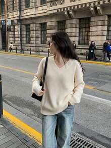 Women's Ribbed Knit V-Neck Long Sleeve Regular Fit Sweater, Autumn/Winter Fashion Top - Apricot - View 4