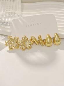 6/18pcs Gold Flower Earrings Set, Textured Water Drop C-Shaped Hoop Earrings, Metallic Mixed Layering Style, Women's Daily Party Fashion Jewelry Gift - Gold - View 5