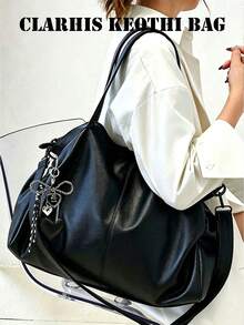 Tote Bag Large Capacity Soft Litchi Textured Body, Paired With Adjustable Wide Strap, Featuring Heart-Shaped Charm And Bow Chain Decoration. Spacious Interior Can Hold Books, Laptop And Other Personal Items, Relaxed Minimalist Design Suitable For Commuting And Travel, Effortlessly Enhancing Overall Outfit Style. - Black - View 1