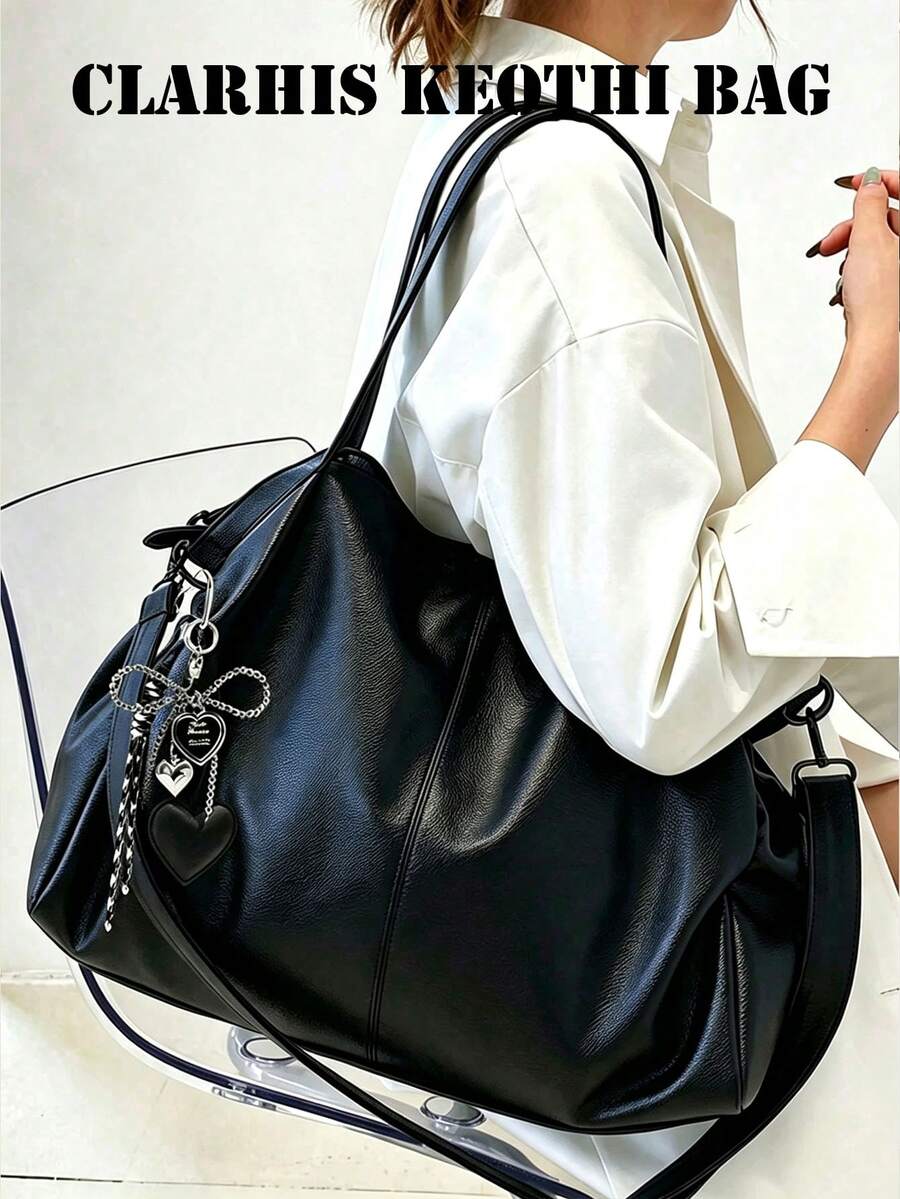 Tote Bag Large Capacity Soft Litchi Textured Body, Paired With Adjustable Wide Strap, Featuring Heart-Shaped Charm And Bow Chain Decoration. Spacious Interior Can Hold Books, Laptop And Other Personal Items, Relaxed Minimalist Design Suitable For Commuting And Travel, Effortlessly Enhancing Overall Outfit Style. - Black - View 1