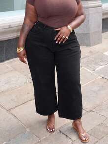 Women's Plus Size Black Denim Straight Leg Pants, Fleece Lined Non-Stretch Zipper Long Pants, Fashionable - Black - View 4