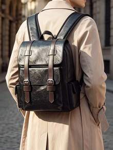 Men's Vintage Leather Backpack, Casual Business Travel Rucksack With Multiple Pockets, Classic Waterproof School Bag For Men, Professional, Laptop - Black - View 10