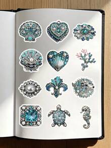 54 Pcs Aesthetic Printed Ocean Jewel Vinyl Stickers, Sea Life Rhinestone Pattern Waterproof Decals, Journaling Sticker Set For Scrapbooks Water Bottles Phone Cases For Coastal Beach Lovers - Ocean Decor - View 9