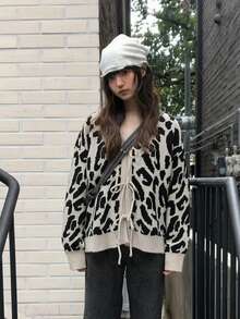 Women's Fashion Leopard Print Cardigan Long Sleeve V-Neck Tie Ribbed Knit Sweater For Look - Apricot - View 3