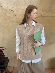 Women's Sleeveless Round Neck Ribbed Knit Sweater Vest, Fashionable Retro Style, Regular Fit Basic Layering Top - Khaki - View 4