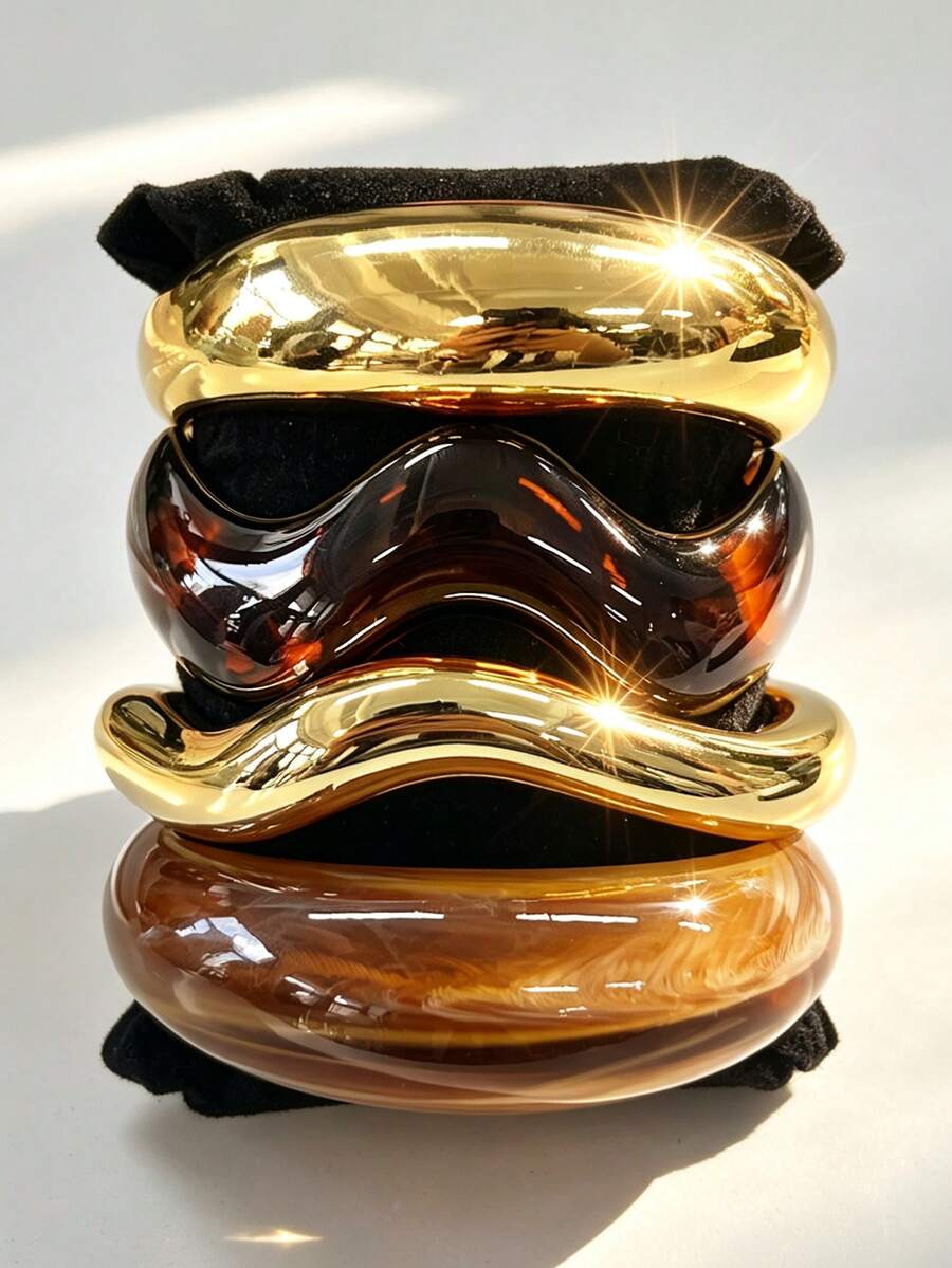 4/1pc Vintage Minimalist Wave-Shaped Acrylic CCB Material Women's Open Ring Bangle Set, Suitable For Daily Wear, Stackable, Perfect Gift Choice For Holidays - Multicolor - View 1