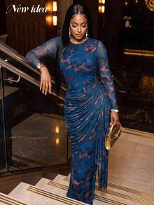 NEW IDEA Women's Elegant Blue Fall Winter Maxi Dress, Long Sleeve Round Neck Ruched Slit Evening Gown For Night Out, Party, Formal Dinner, Going Out - Blue - View 1