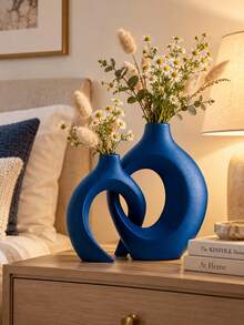 Blue Anti-Flower Vase For Modern Home Decor - Matte "Embrace" Shaped Hollow Vase (2pcs Set), Suitable For Dining Table Center, Office Bookshelf Or Living Room - Multicolor - View 3