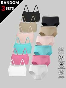 3Sets Random Color Girls Seamless Unlined Cami Bralette Mid Rise Panties Set All Season Daily Back To School Underwear - Multicolor - View 1