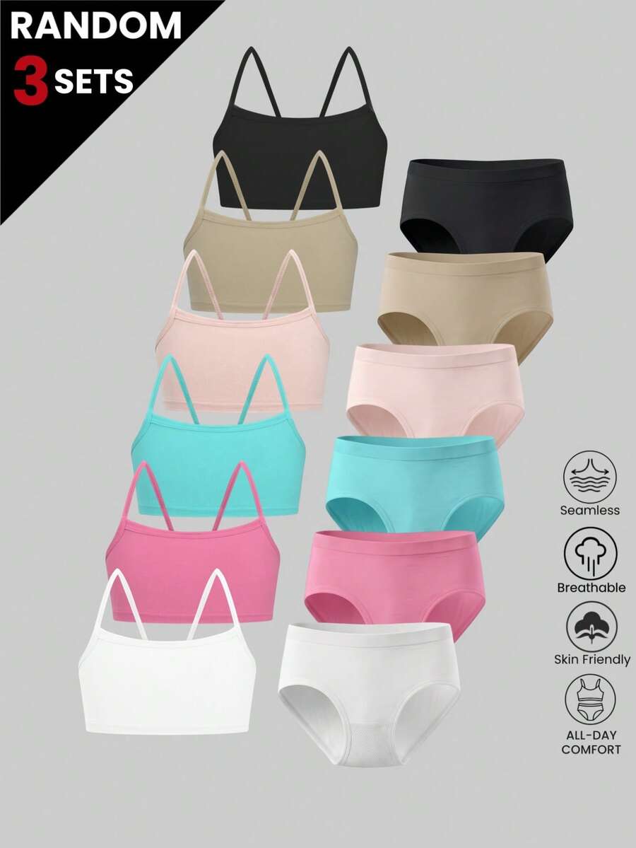3Sets Random Color Girls Seamless Unlined Cami Bralette Mid Rise Panties Set All Season Daily Back To School Underwear - Multicolor - View 1