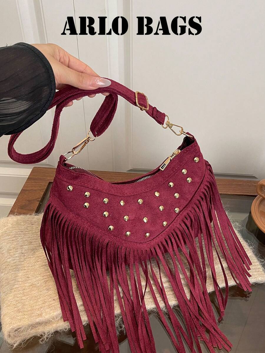 Shoulder Bag With Curved Body, Metal Rivet Decoration And Long Tassel Design, Adjustable Shoulder Strap For Easy Carrying. Moderate Capacity To Store Daily Essentials, Western Vintage Style Suitable For Daily Outings, Effortlessly Enhancing Overall Outfit Style. - Red - View 1