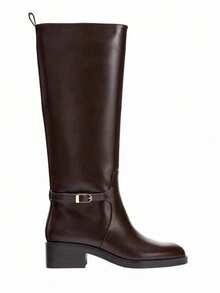 Women's Plus Size Dark Brown Round Toe Knee-High Riding Boots, Ankle Metal Buckle Strap Slip-On Low Chunky Heel Tall Boots, Suitable For Daily Commute Autumn/Winter Outfits - Brown - View 5