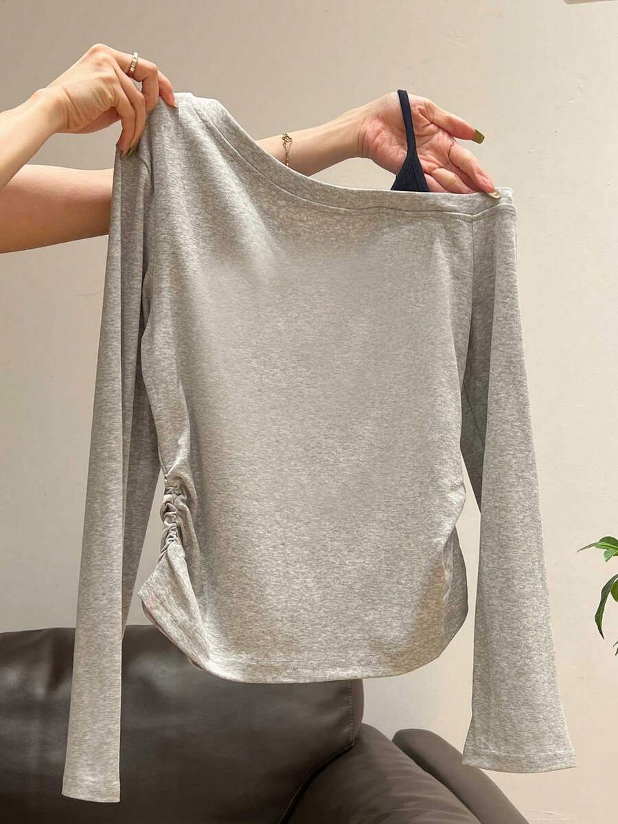 Korean Style Slouchy Solid Color Long Sleeve T-Shirt Women Single-Side Ruched Waist Slim Fit Cropped Top Autumn Inner Wear - Light Grey - View 1