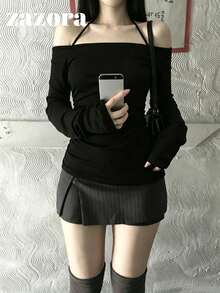 Women's Halter Neck Tie Off-Shoulder Long Sleeve Sexy Style Fitted Cropped Ruched Knit T-Shirt Top, Autumn - Black - View 6