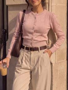 DONICY Women's Dusty Pink Crew Neck Puff Sleeve Hollow Lace Trim Pearl Button Cropped Knit Cardigan, Slim Layering Sweater Jacket For Spring Fall Daily Wear - Pink - View 6