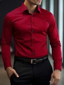 Camisa de hombre negra de invierno básica casual de negocios para oficina con cuello alto, unicolor, botones y manga larga, camisa formal estilo - Rojo - Ver 10