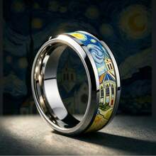 1pc 8mm Black & Silver Dual-Tone Stainless Steel Ring, Van Gogh Church & Starry Night Art Pattern, Impressionist Personalized Ring, Comfortable Fit Unisex Jewelry, Perfect Gift For Art Lovers - Multicolor - View 5