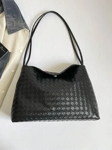 Hand-Woven Rhombus Pattern Soft Leather Tote Bag, Large Capacity, Magnetic Snap Closure, Dual Long Shoulder Straps For Shoulder Or Underarm Carry, Minimalist Commuter Style, Can Store Phone, Wallet, Cosmetics And Other Daily Essentials, Suitable For Work Commute, Daily Outings, Casual Dates, Soft And Premium Texture, Versatile Bag - Black - View 6