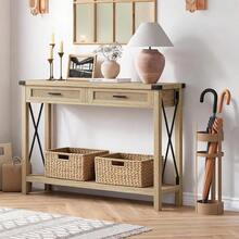 Mesa Consola Recibidor De Madera, Mesa Estrecha con 2 Cajones De Ratán y Estante, Mueble De Entrada Estilo Boho Rústico para Pasillo o Detrás del Sofá, 110x30x78 cm (Natural) - Madera - Ver 1