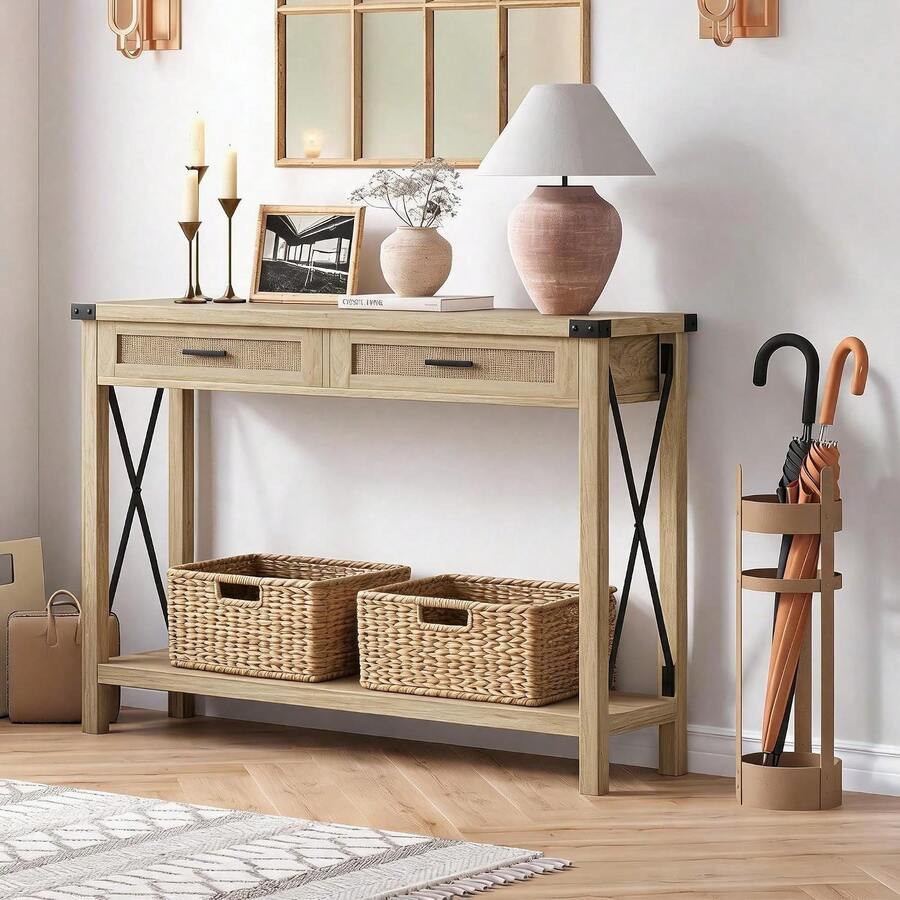 Mesa Consola Recibidor De Madera, Mesa Estrecha con 2 Cajones De Ratán y Estante, Mueble De Entrada Estilo Boho Rústico para Pasillo o Detrás del Sofá, 110x30x78 cm (Natural) - Madera - Ver 1