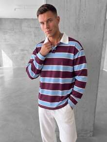 Men's Purple & Blue Colorblock Gradient Striped Polo Collar Long Sleeve Casual Retro Top, Suitable For Commute, Campus And Daily Wear, Spring/Autumn - Blue - View 4