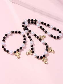 2Pcs Bow Pearl Beaded Necklace & Bracelet Set, For Autumn & Winter Daily Wear, Birthday & Year-End Party Gifts For Girls - Black - View 8