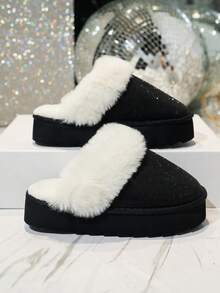Women's Shiny Rhinestone Versatile Fashion Comfortable Warm Indoor Closed-Toe Slippers, Autumn/Winter - Black - View 5