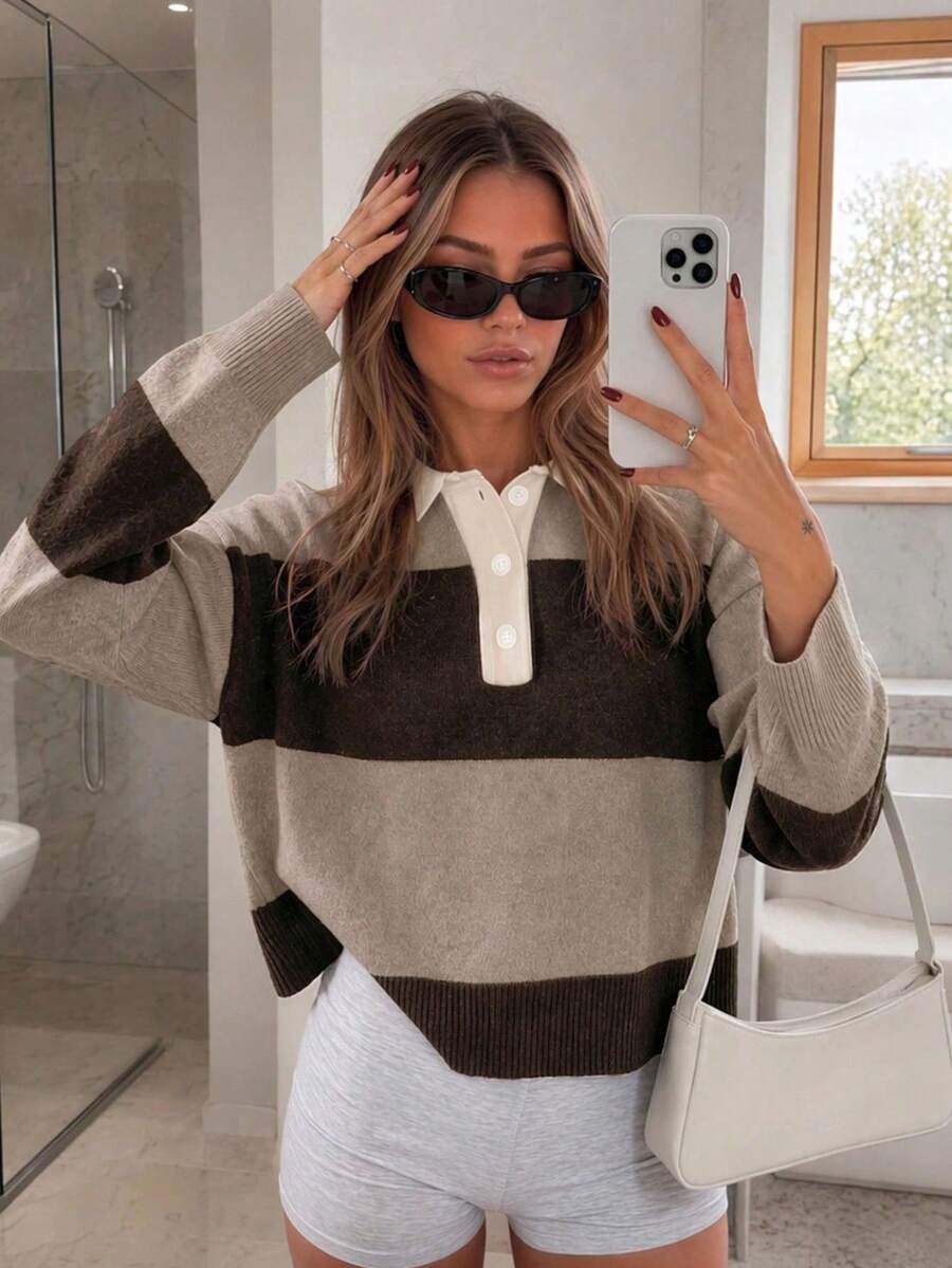 Plus Size Women's Multi-Color Long Sleeve Half-Button Knit Cardigan, Suitable For Autumn/Winter - Multicolor - View 1