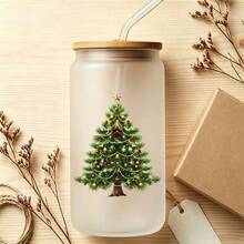 16oz Christmas Tree Pattern Glass Cup With Lid And Straw, Reusable Glass Water Cup, High-Quality Glass Jar Design, Suitable For Iced Coffee, Beer, Juice, Milk, Cold Drinks, Fashionable Glassware. Perfect Gift For Holiday Lovers - Multicolor - View 5