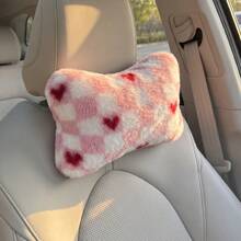 1pc Plaid Small Heart Square Plush Neck Pillow, Fashionable Cute Car Neck Pillow, Sweet Neck Support Pillow To Relieve Fatigue, Women's Car Accessory - Multicolor - View 1