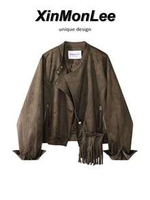 Korean Classic Vintage Short Suede Asymmetric Button Design Jacket Coat For Evening Date, College, Daily Wear, Autumn/Winter - Coffee Brown - View 1