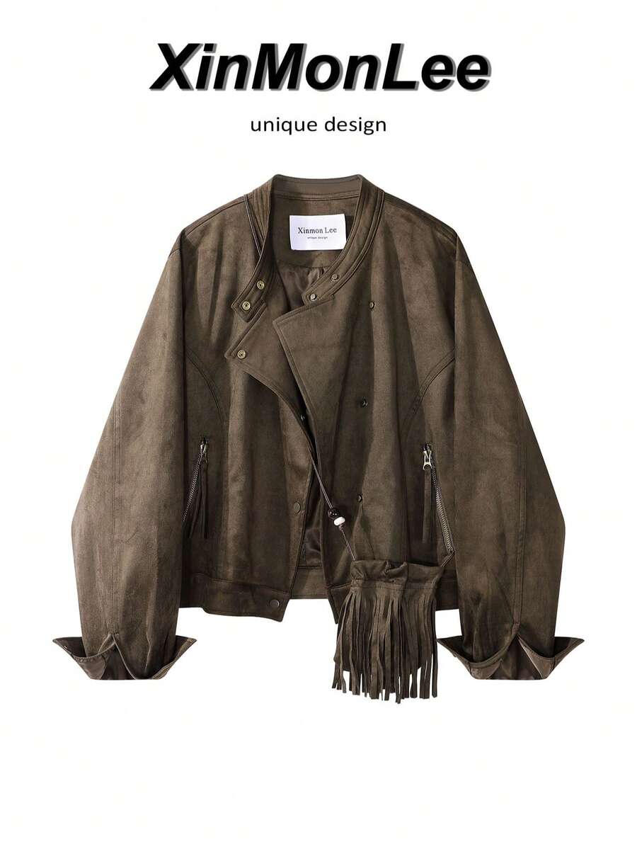 Korean Classic Vintage Short Suede Asymmetric Button Design Jacket Coat For Evening Date, College, Daily Wear, Autumn/Winter - Coffee Brown - View 1