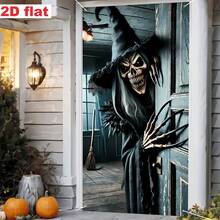 1 pieza Pancarta de puerta de Halloween oscura, calabaza multicolor, esqueleto, bruja, calavera, pared agrietada de terror, tela para cubrir la puerta, decoración espeluznante para el porche delantero y la puerta principal del hogar, decoración para fiesta de Halloween, casa embrujada, entrada del jardín, fondo de cabina de fotos, Navidad, Halloween - Fondo de Halloween - Ver 26